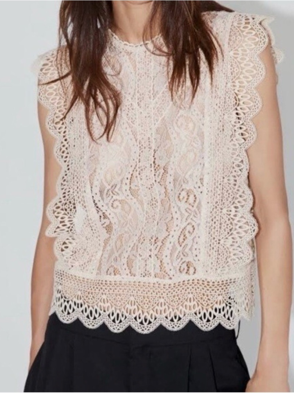 Zara Blush Pink Guipure Lace Sleeveless Ruffle Trim Blouse Top Size S Romantic